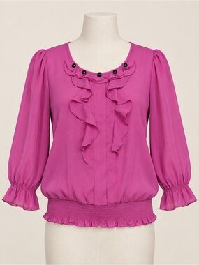 Quintessential Magenta Ruffle Blouse Smocked Hem Size M